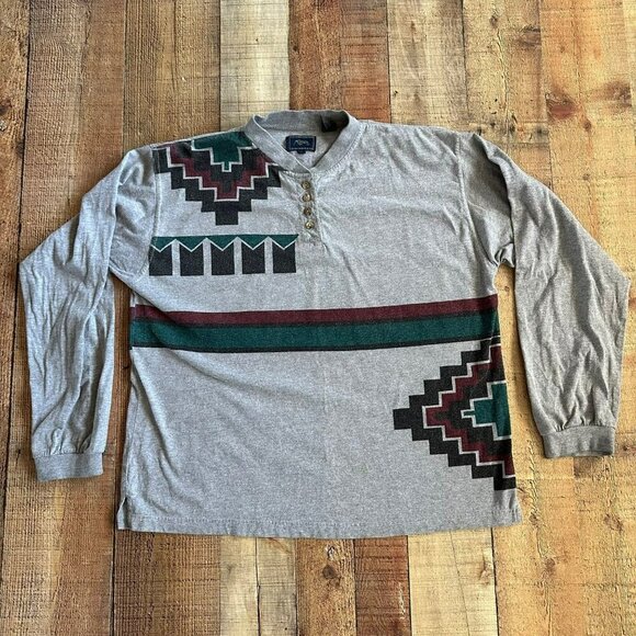 Roper Men's Size X-Large Long Sleeve Henley Shirt in Gray with Aztec Design - Picture 1 of 9